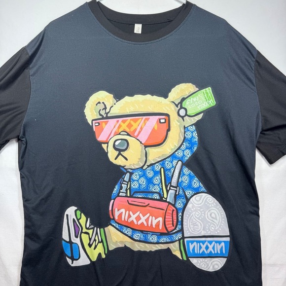 Nixxin Black Teddy Bear Graphic Print Crew Neck Short Sleeve T-Shirt Mens Sz L - Picture 2 of 7
